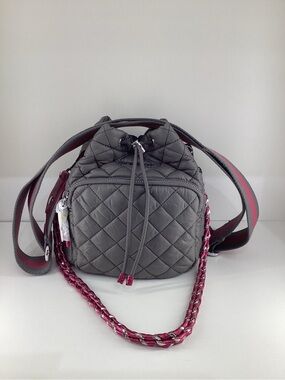 NWT MZ Wallace Quilted Gray Mini Drawstring Crossbody with Pink Accent & Chain.